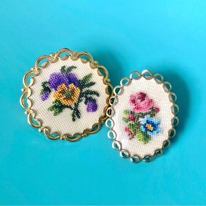 60s Vintage Petit Point Brooches Tiny Stitches Brooch Jewellery Cottagecore Pins